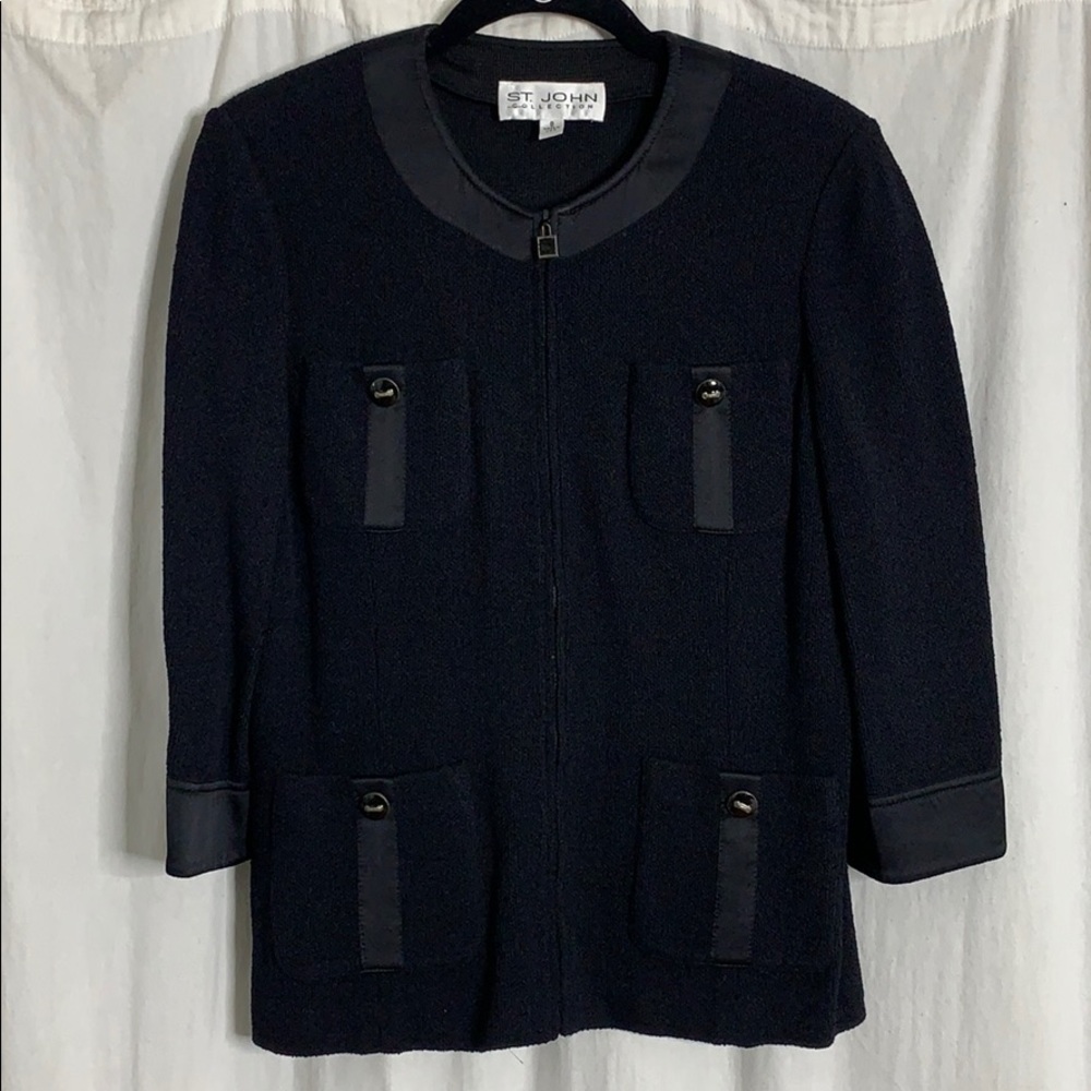 St. John black knit and satin zip sweater jacket